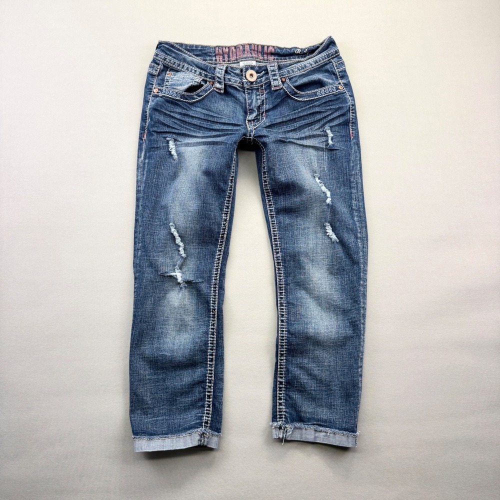 Y2K Hydraulic Bailey Low Rise Jeans Sz 7 / 8 Stretch Blue Denim Capri Ditressed